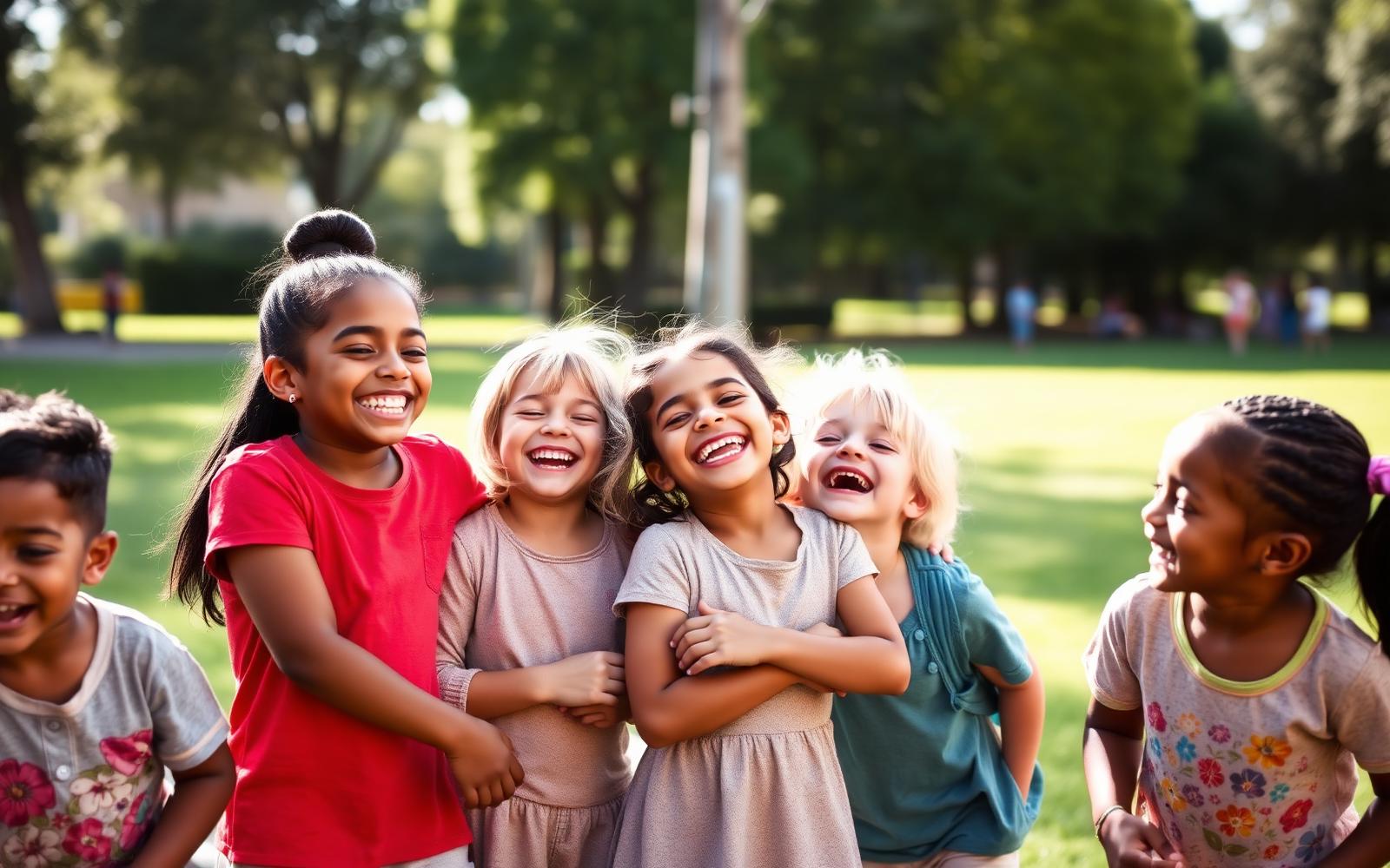Diverse group of children smiling and playing together outdoors